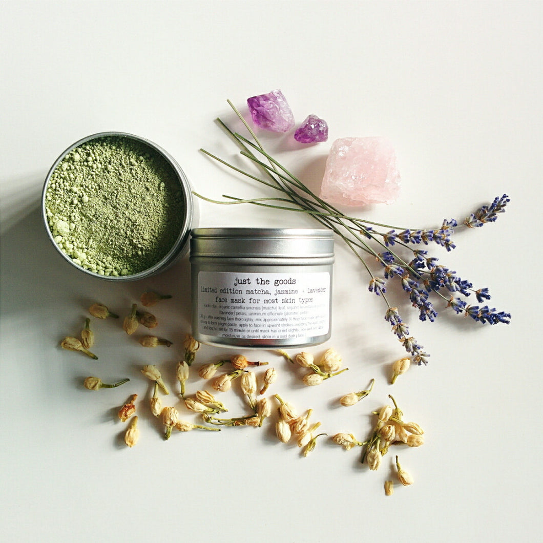 limited edition vegan matcha, lavender + jasmine facial mask for most skin types - just the goods handmade vegan crueltyfree nontoxic skincare