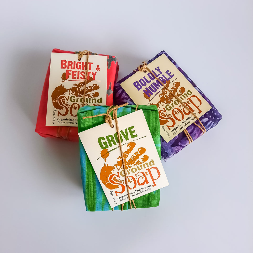 Ground Soap favourites collection: Grove, Boldly Humble, Bright & Fiesty
