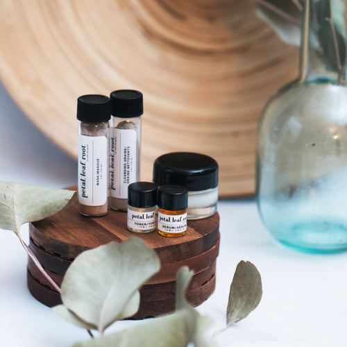 petal, leaf, root. by Just the Goods facial care for dry skin sample set